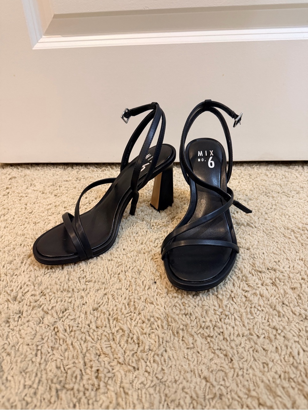 Mix No. 6 Black Strappy Block Heel Sandals with Ankle Wrap